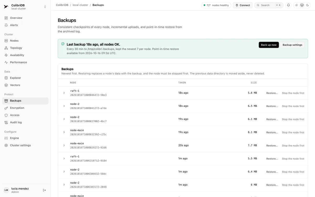 The Backups page: a banner with the last successful backup, and the list of per-node backups with restore actions.