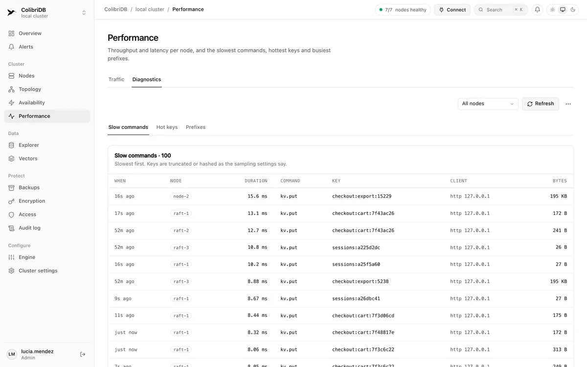 Performance, Diagnostics tab: the slow commands table with node, duration, command, key, client and size.