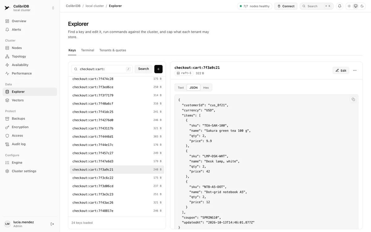 The Explorer, Keys tab, with a checkout cart key open: its JSON value, size and shard.
