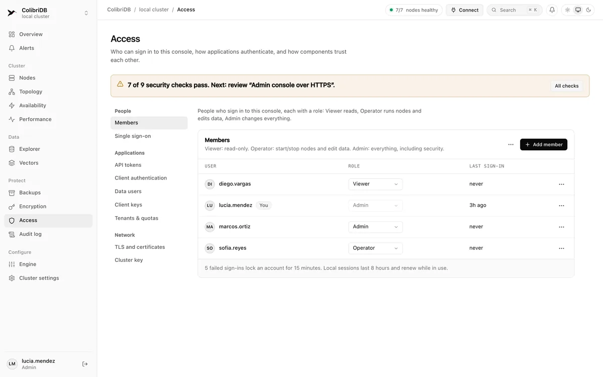 The Access page: the console's members with their roles, the side menu of access settings and a banner with the security checks that pass.